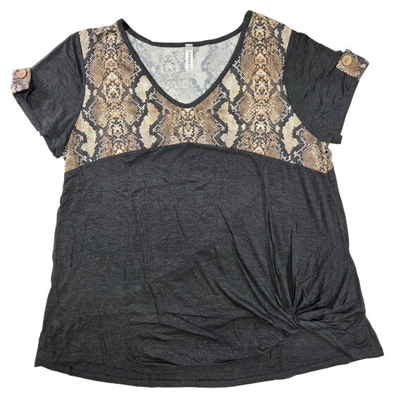 Womens Top Large Snake Skin Block Button Sleeve Detail Side Knot Hem New - Picture 1 of 9